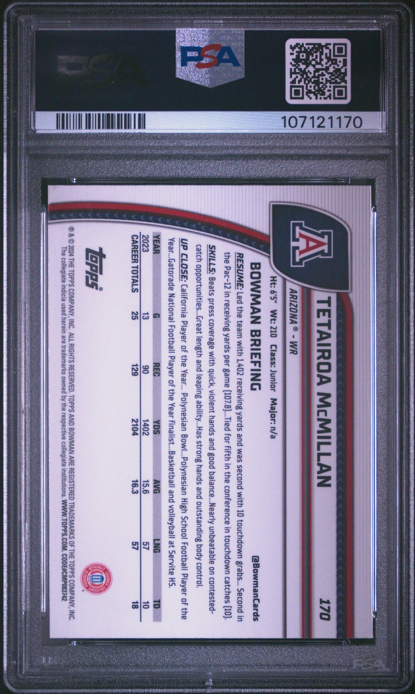 Graded 2024 Topps Bowman U Chrome Tetairoa McMillan #170 Pink Lava Rookie RC Football Card PSA 10 Gem Mint
