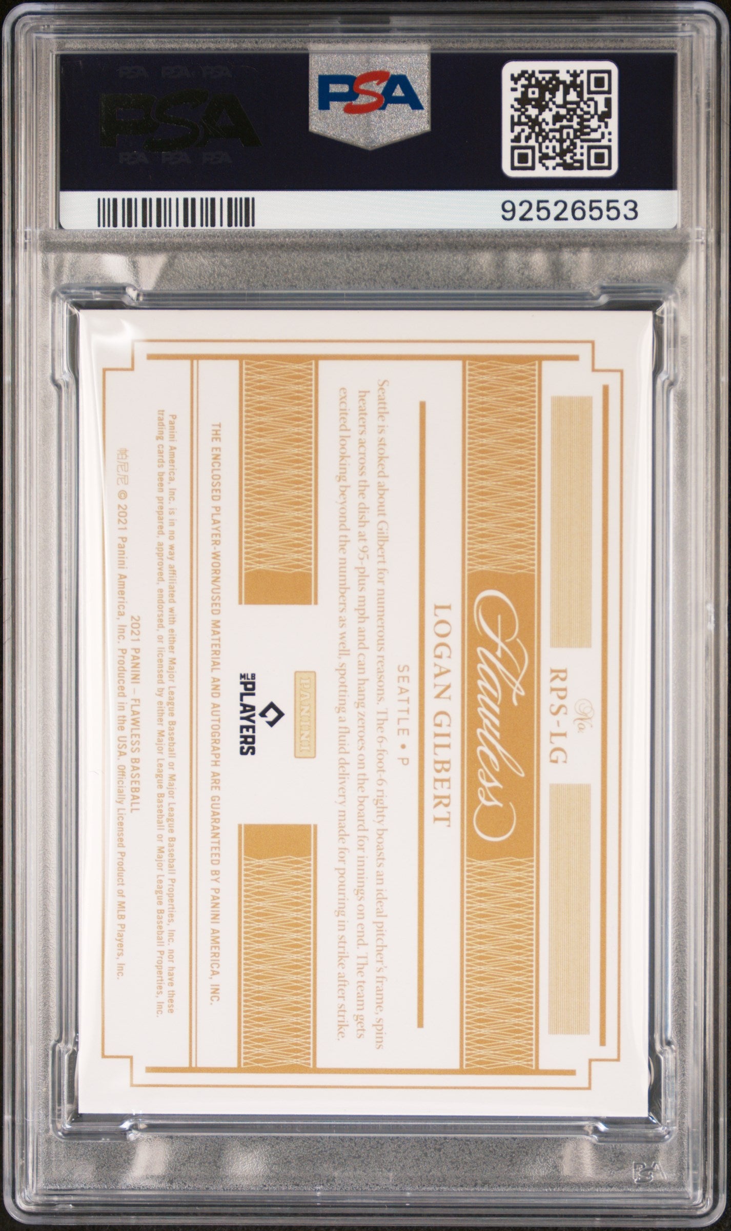2021 Panini Flawless Rookie Patch Auto Logan Gilbert Rookie Patch Sig. PSA 8