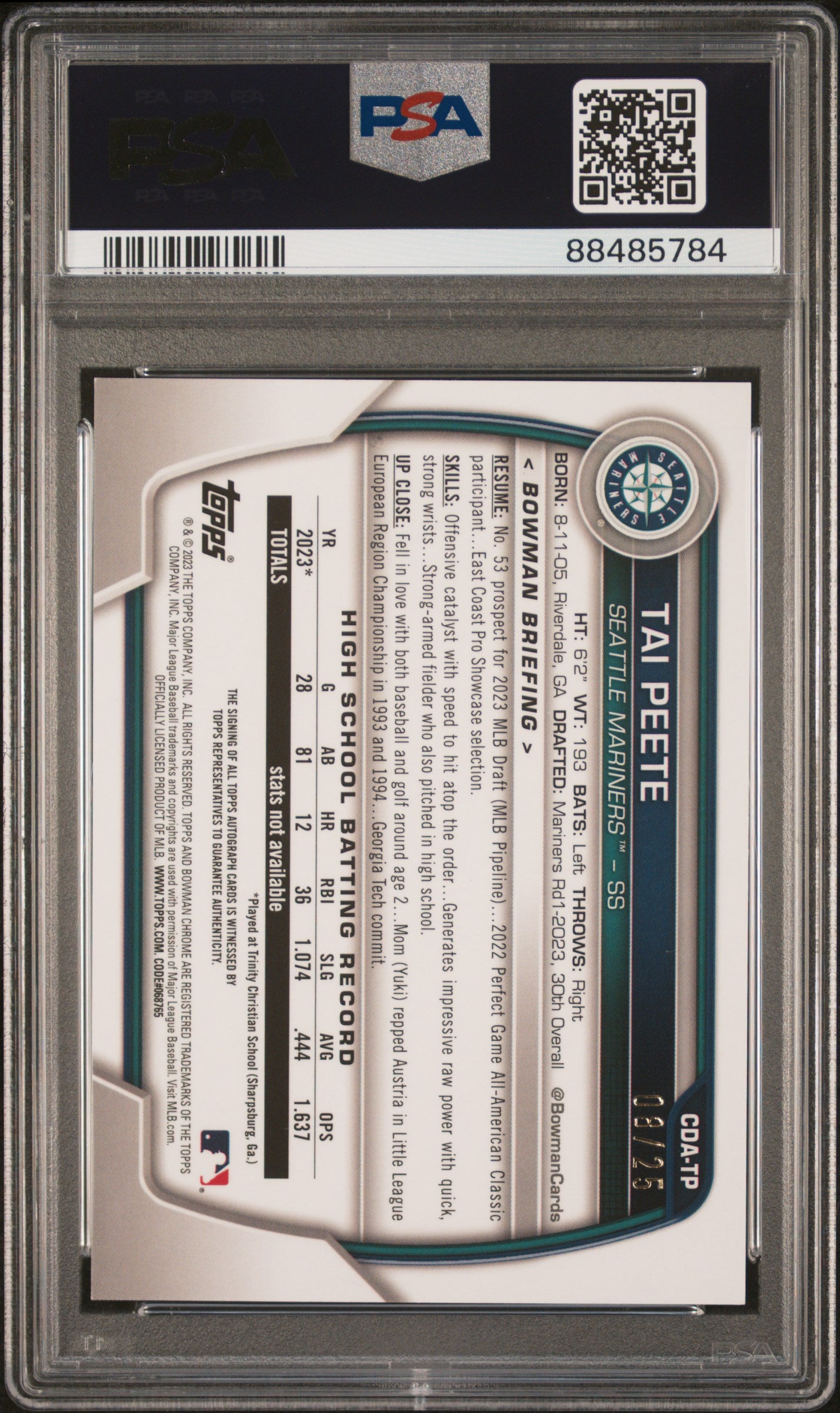 2023 Bowman Draft Auto Tai Peete Chrome Prospect PSA 9 /25