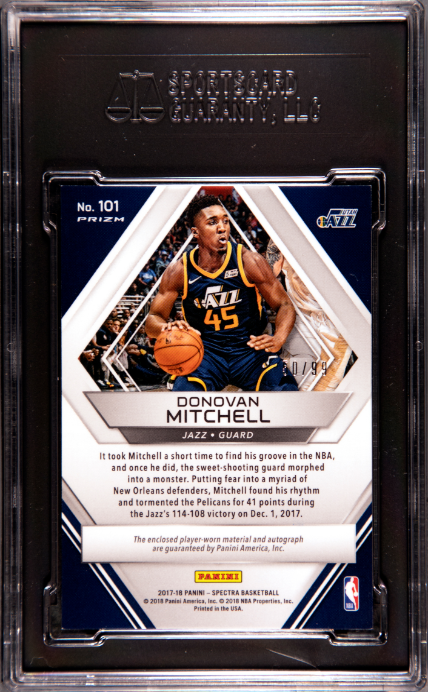 2017-18 Panini Spectra #101 Donovan Mitchell Jersey Auto. Neon Blue Prizm SGC 9
