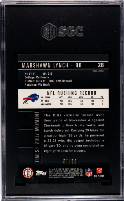 2008 Topps Finest #28 Marshawn Lynch Gold Refractor SGC 8