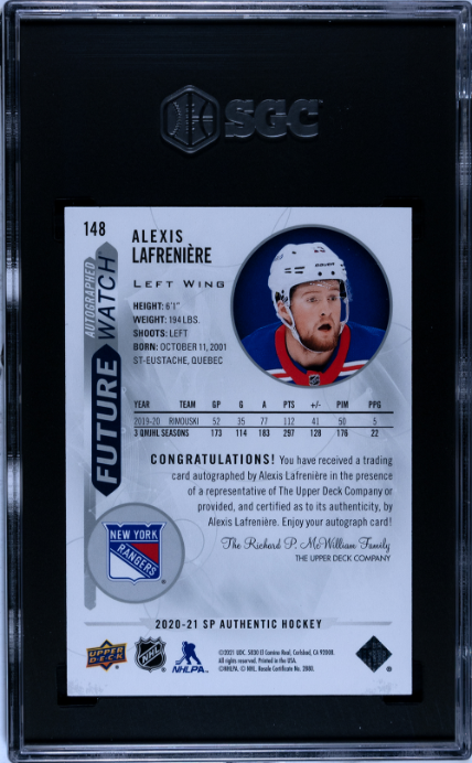 2020-21 Upper Deck SP Authentic #148 Alexis Lafreniere Future Watch Auto. SGC 10