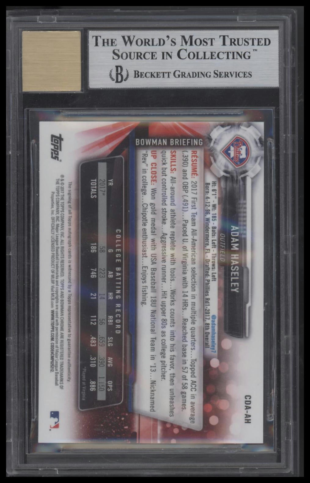 2017 Bowman Chrome Draft Autographs #CDAAH Adam Haseley BGS 9.0