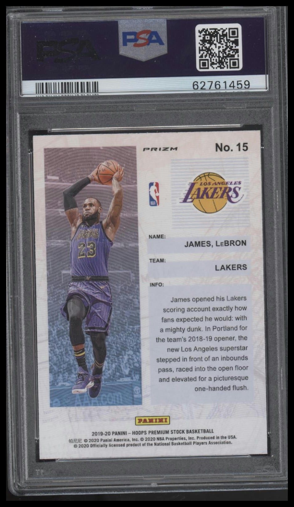 2019 Panini Hoops Premium Stock #15 Lebron James Frequent Flyers-Holo PSA 10