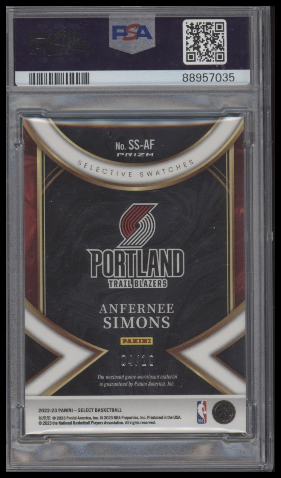 2022 Panini Select Selective Swatches #SSAF Anfernee Simons -Gold PSA 9