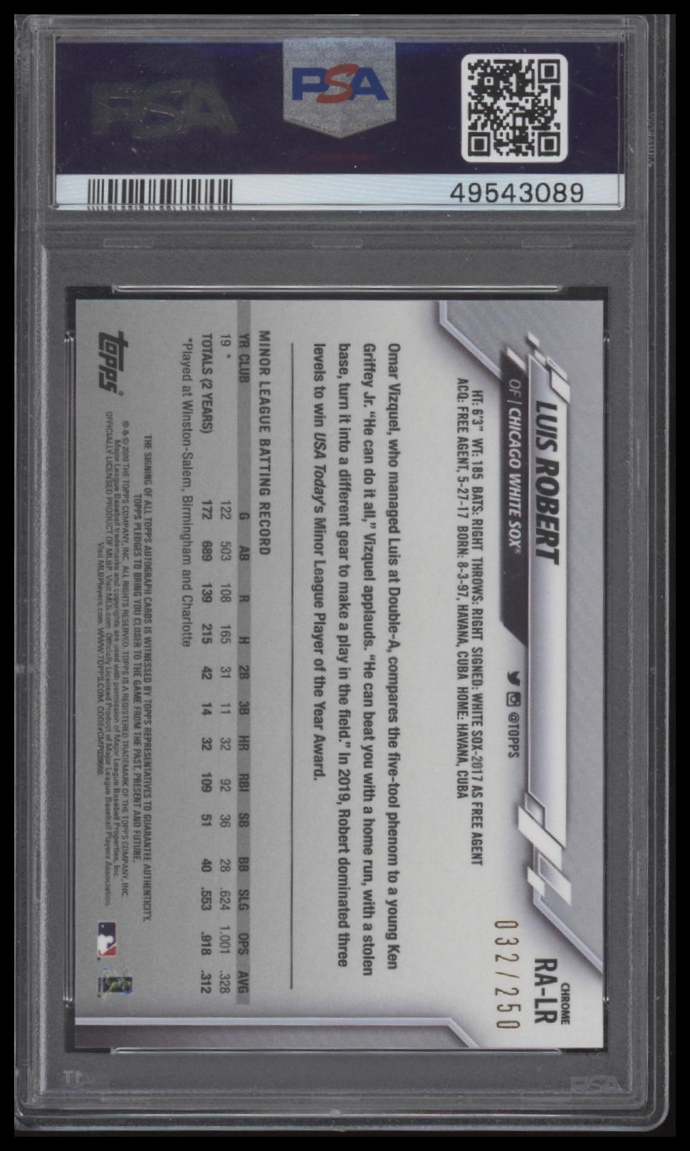 2020 Topps Chrome Rookie Auto #RALR Luis Robert Rookie Auto-Purple Ref. PSA 10