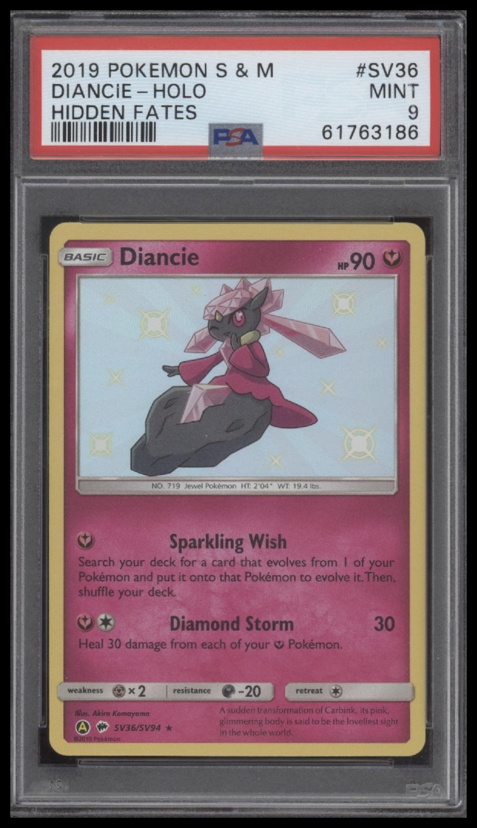 Diancie-Holo 2019 Pokemon Sun & Moon Hidden Fates #SV36 Hidden Fates PSA 9