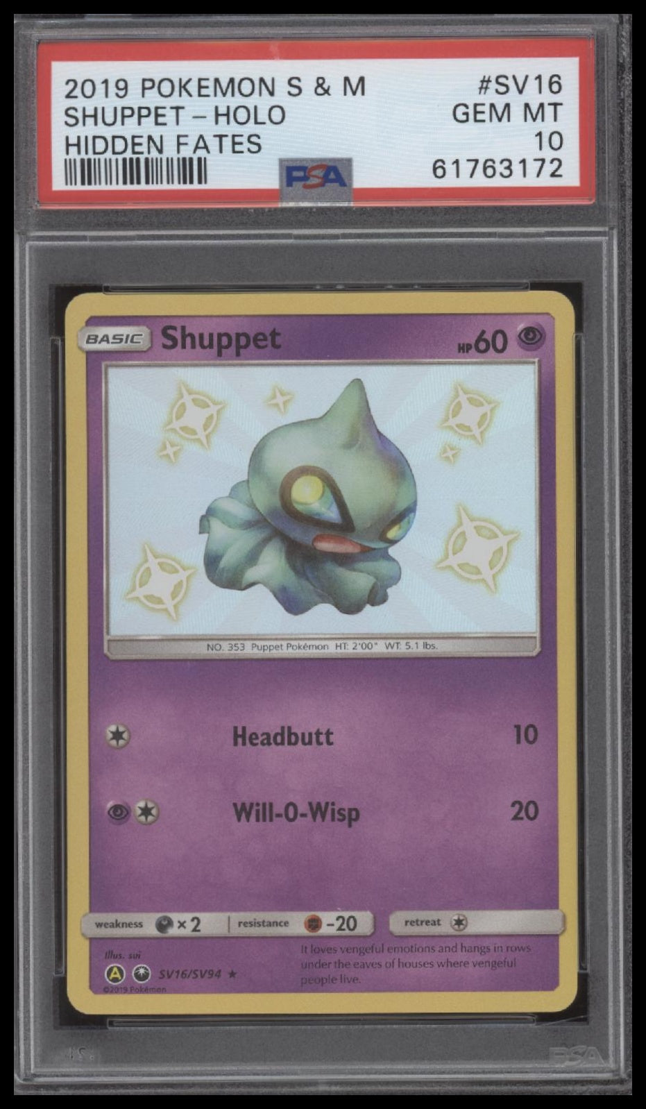 Shuppet-Holo 2019 Pokemon Sun & Moon Hidden Fates #SV16 Hidden Fates PSA 10