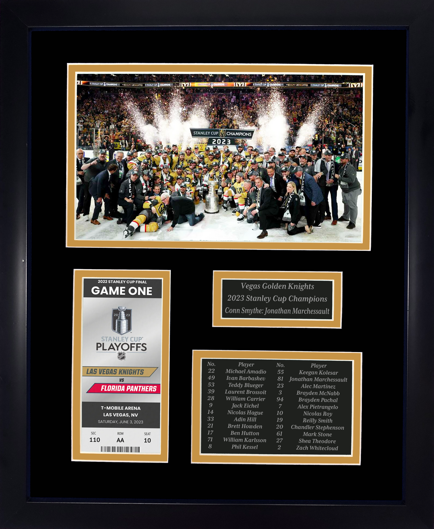 Framed Vegas Golden Knights 2023 Stanley Cup Replica Champions Laser Engraved Commemorative Ticket Collage 12 x15 Hockey Photo