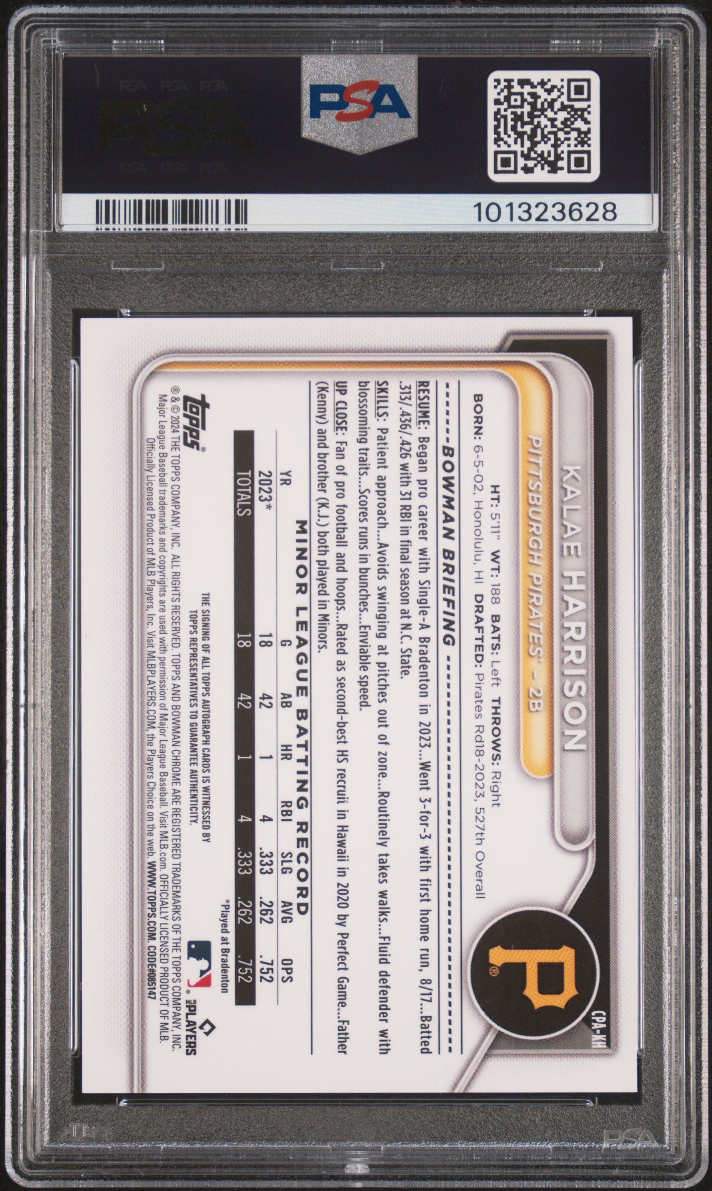 Kalae Harrison 2024 Bowman Chrome Prospect Auto Superfractor 1/1 PSA 10/10