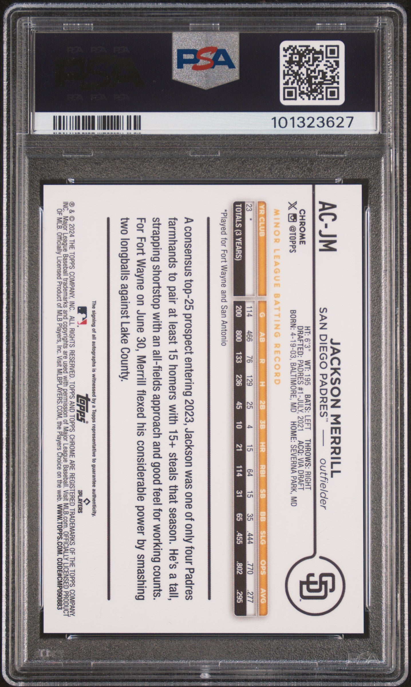 Jackson Merrill 2024 Topps Chrome Baseball Update Series Auto -Gold Wave PSA 9