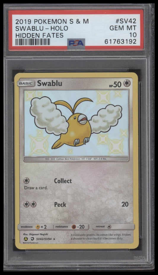 Swablu-Holo 2019 Pokemon Sun & Moon Hidden Fates #SV42 Hidden Fates PSA 10