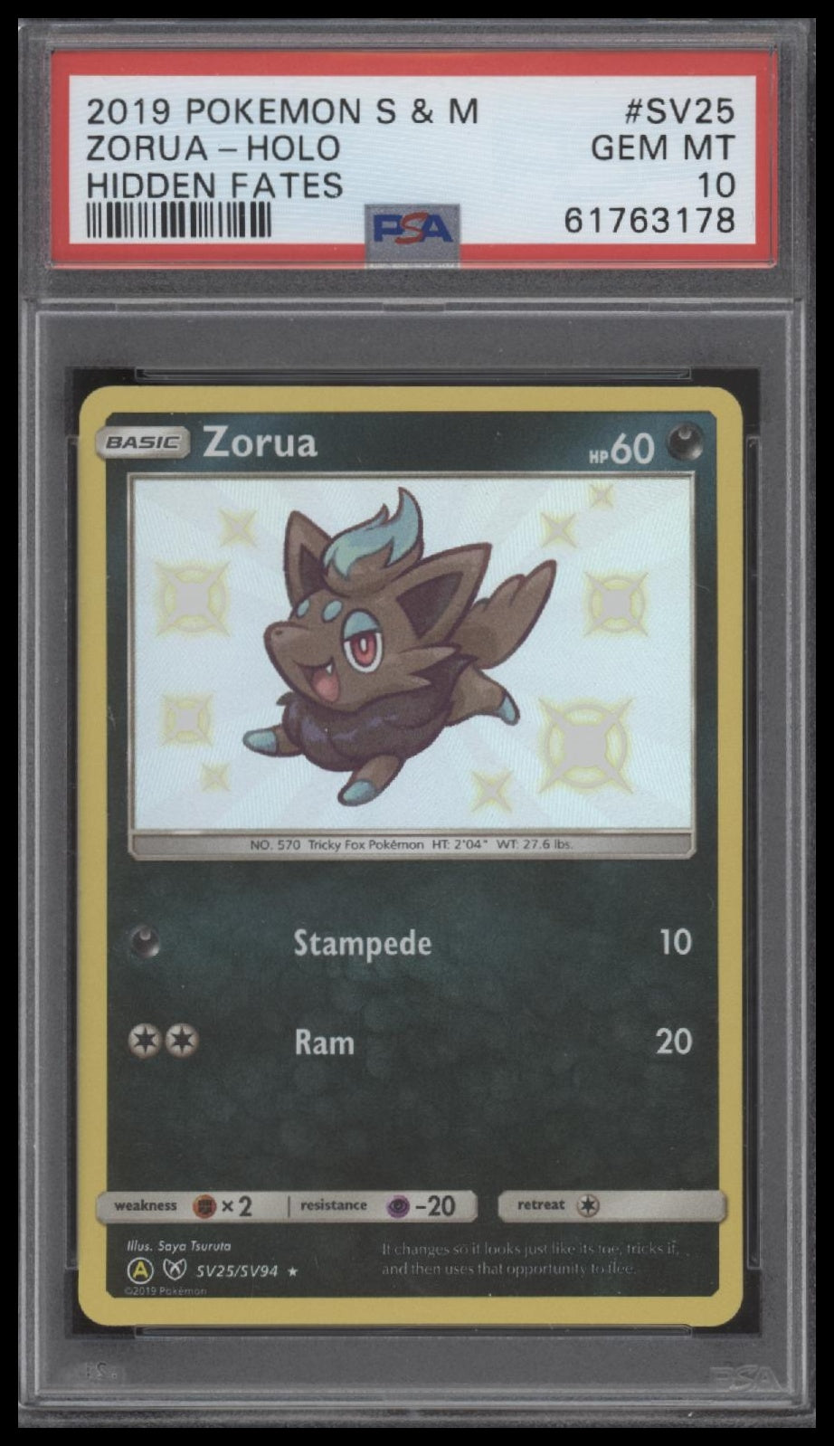 Zorua-Holo 2019 Pokemon Sun & Moon Hidden Fates #SV25 Hidden Fates PSA 10