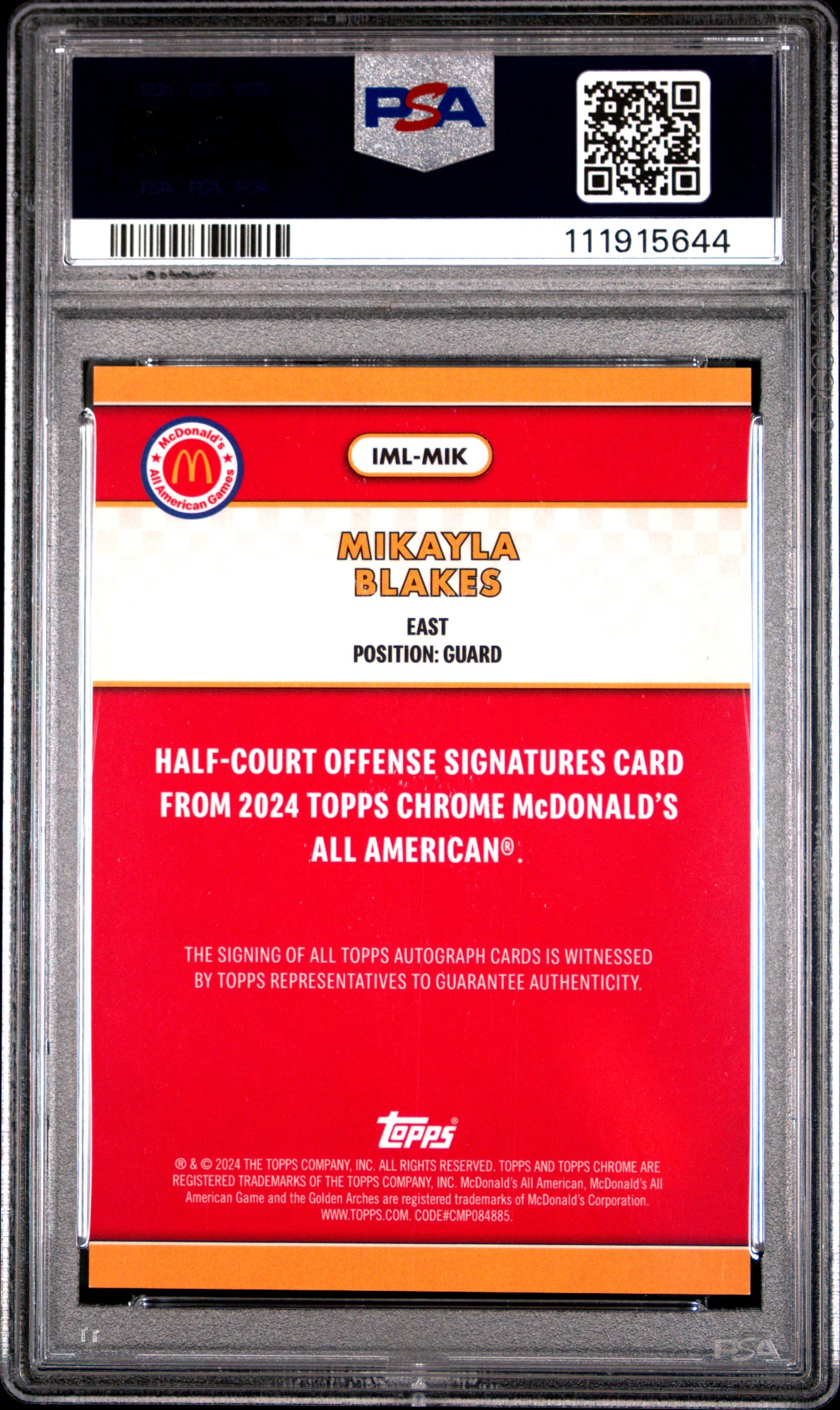 Mikayla Blakes 2024 Topps Chrome Mcdonalds All American Gold Refractor PSA 10