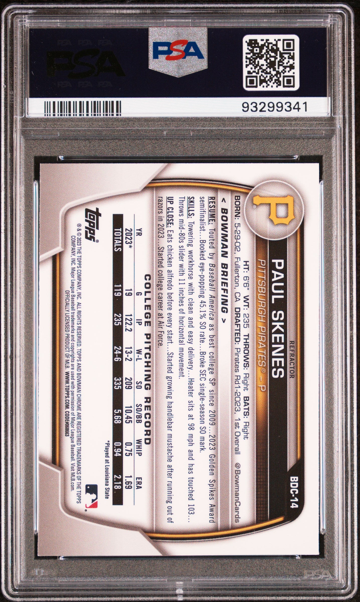 Paul Skenes 2023 Bowman Draft #BDC14 Chrome-Refractor PSA 9 - Back