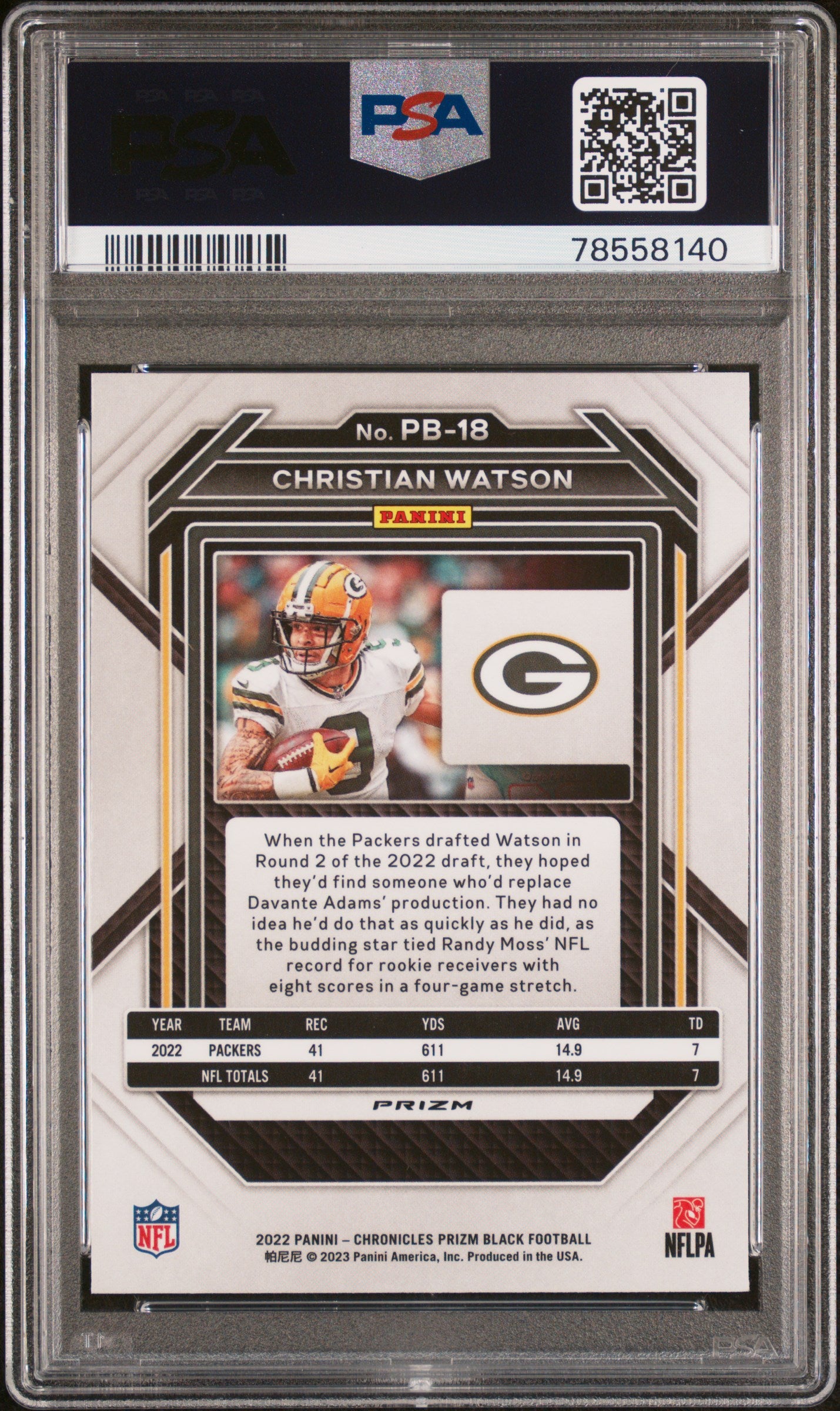 Christian Watson 2022 Panini Chronicles Prizm Black Prizm Black-Silver PSA 10 - Back