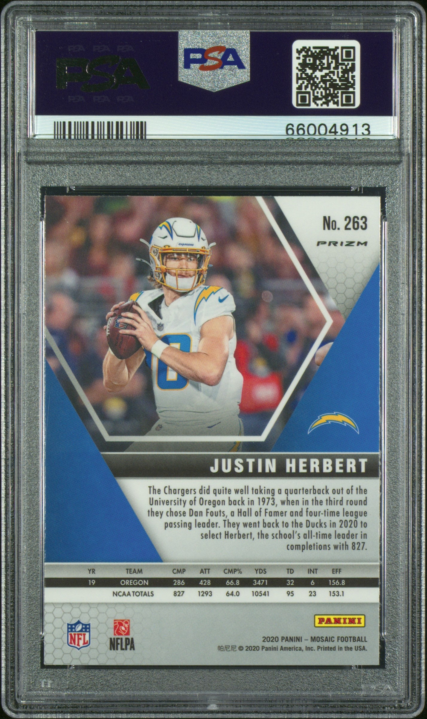 Justin Herbert 2020 Panini Mosaic #263 Camo Pink PSA 9 - Back