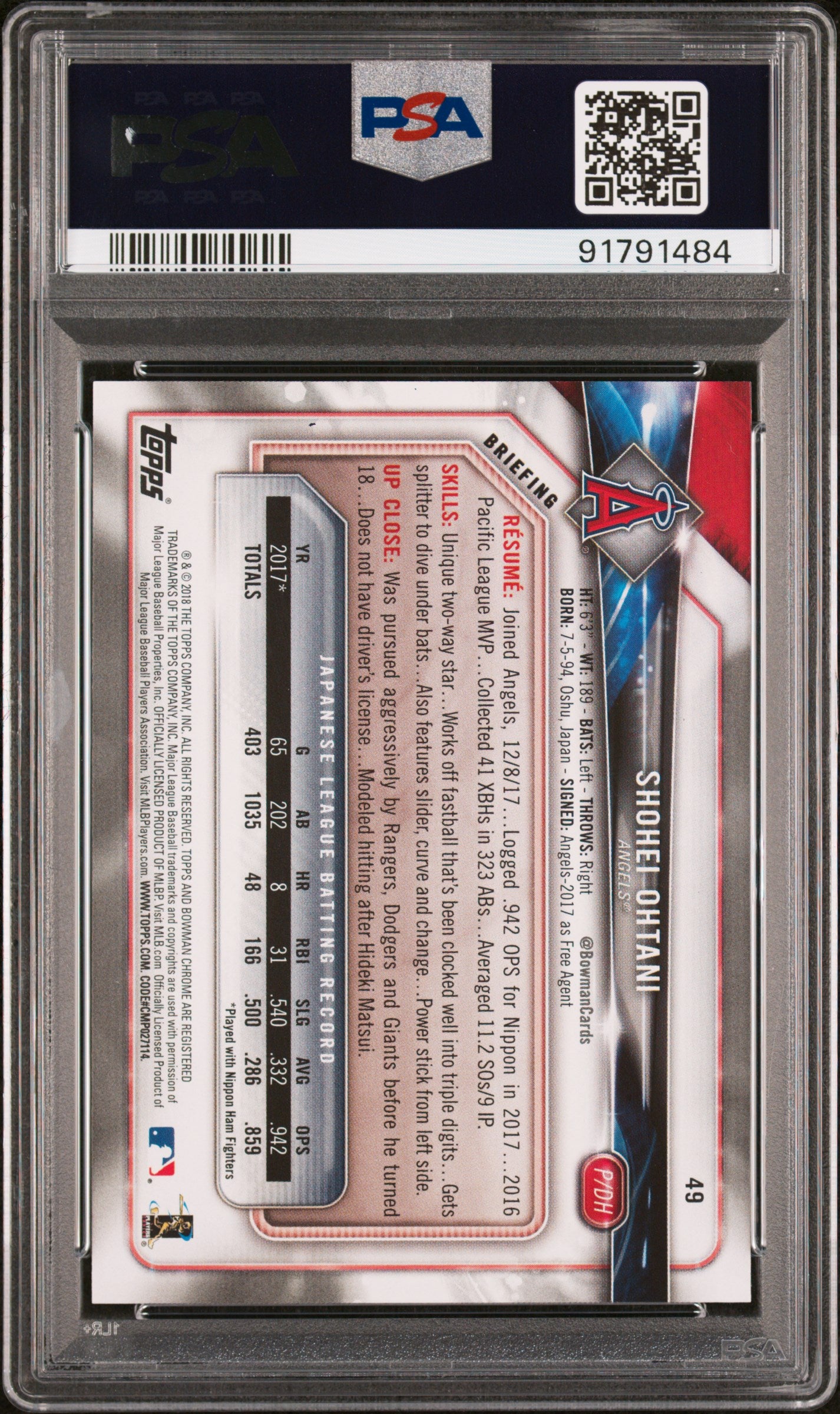 Shohei Ohtani 2018 Bowman #49 PSA 9 - Back