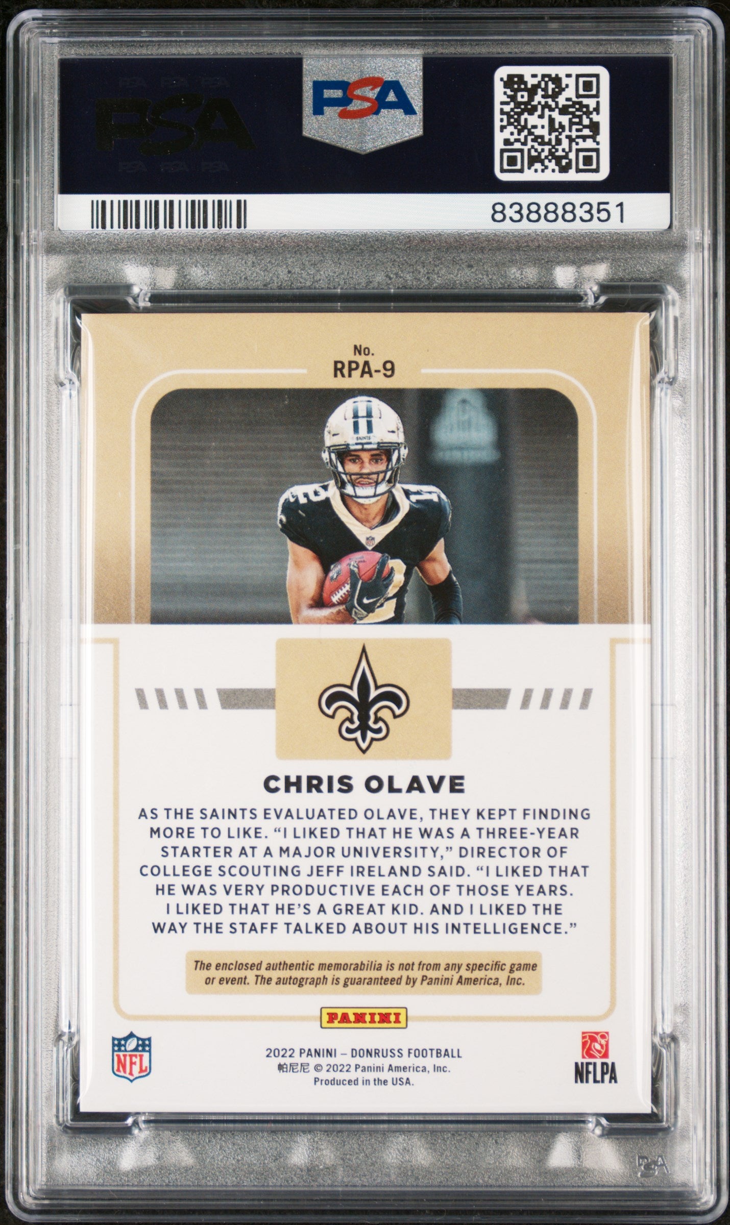 Chris Olave 2022 Panini Donruss Rookie Phenom Jersey Autographs Prime PSA 8 - Back