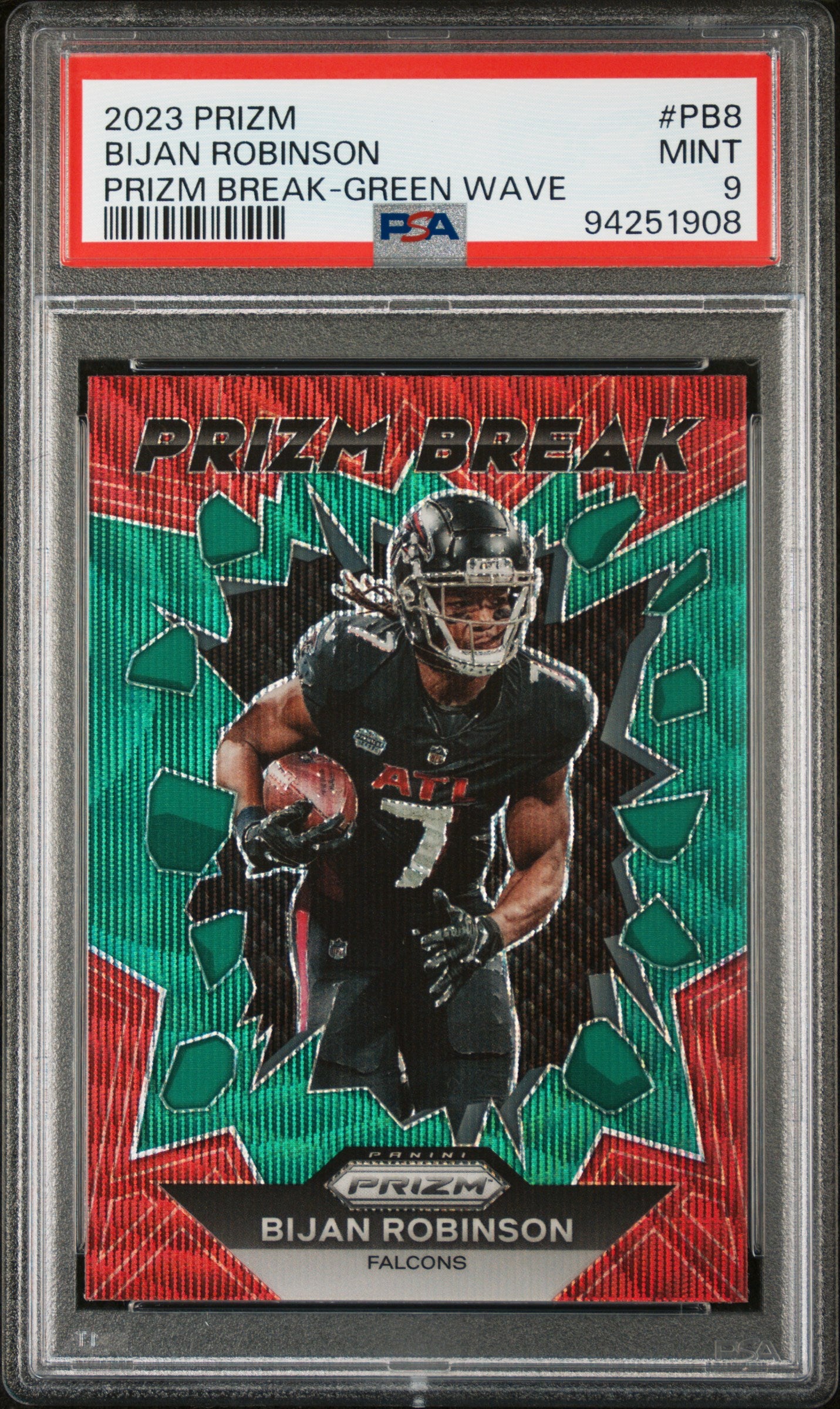 Bijan Robinson 2023 Panini Prizm Prizm Break #PB8 Prizm Break-Green Wave PSA 9 - Front