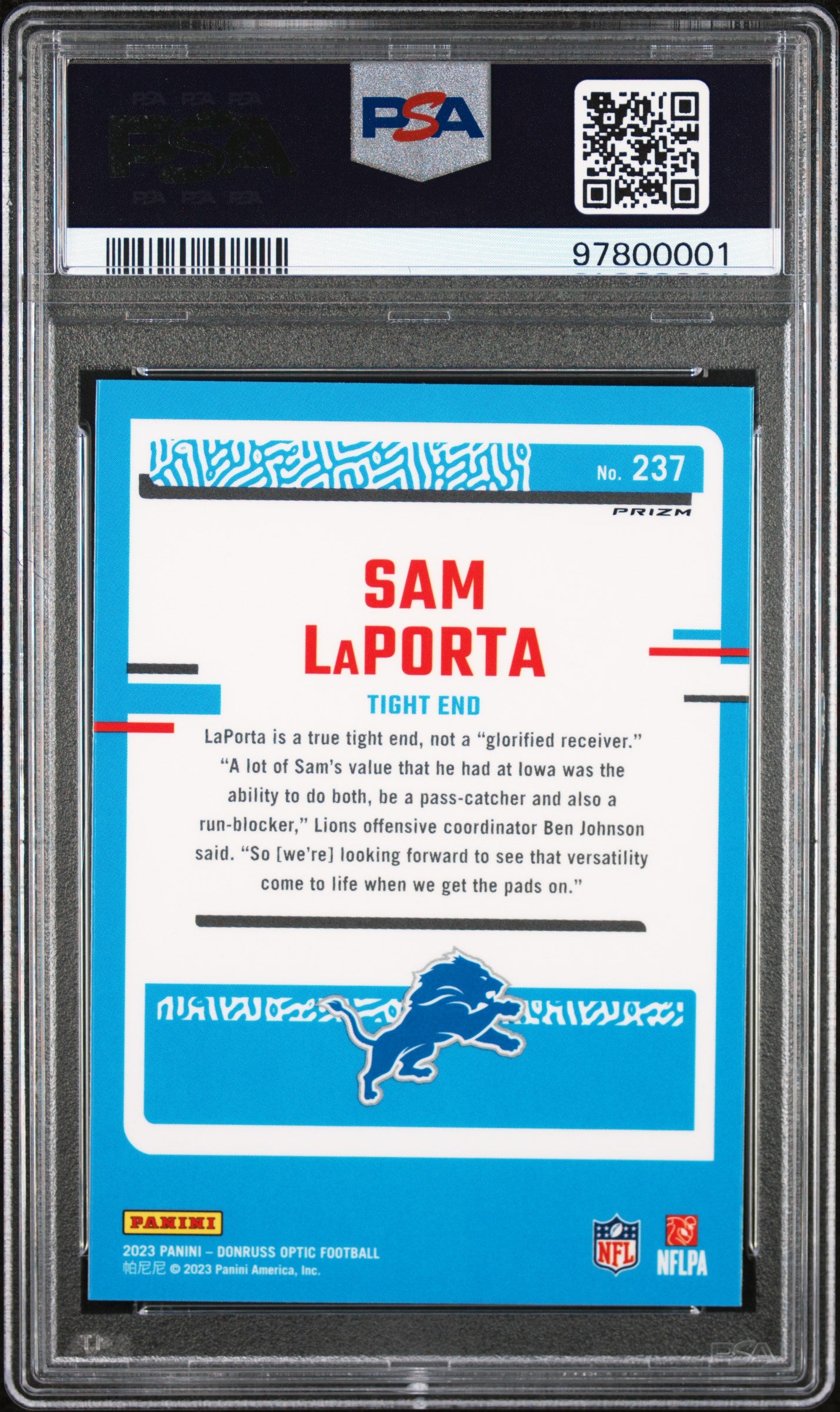 Sam Laporta 2023 Panini Donruss Optic #237 Green Hyper PSA 10 - Back