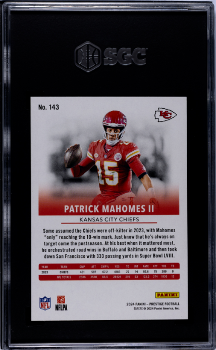 Patrick Mahomes II 2024 Panini Prestige #143 Xtra Points Orange Premium SGC 8.5 - Back