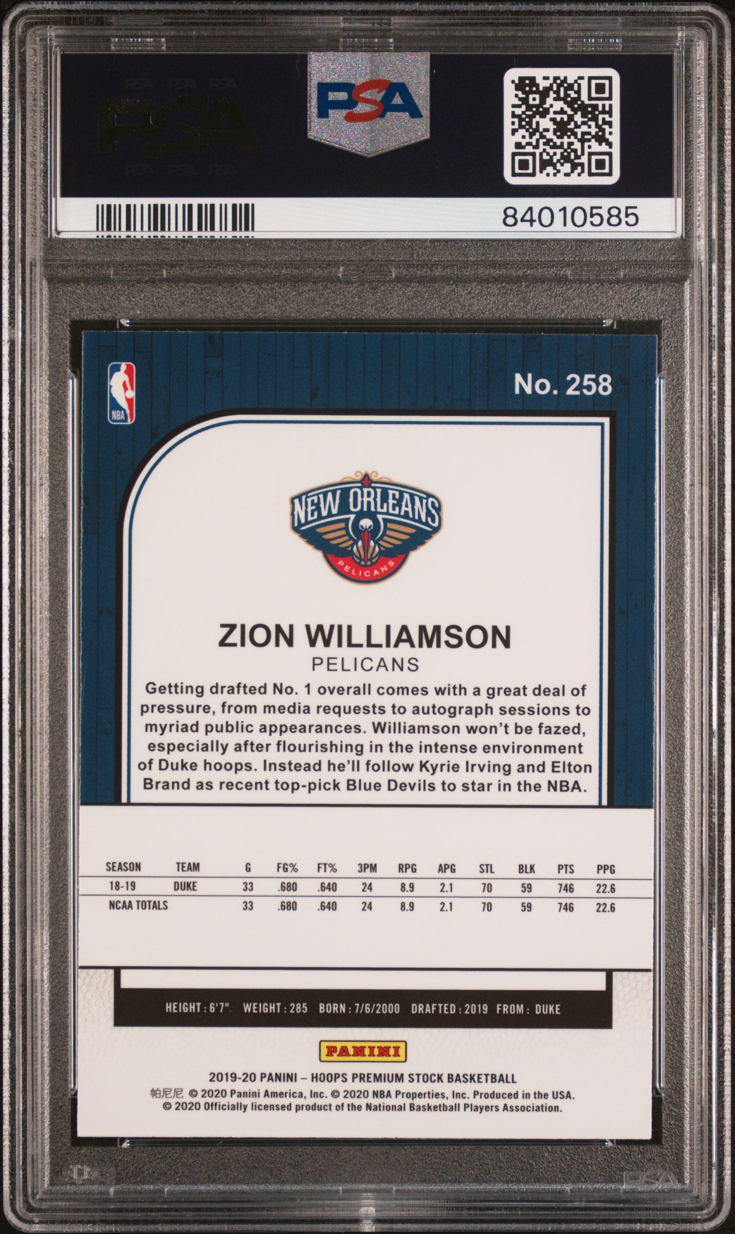 Zion Williamson 2019 Panini Hoops Premium Stock #258 PSA 10 - Back