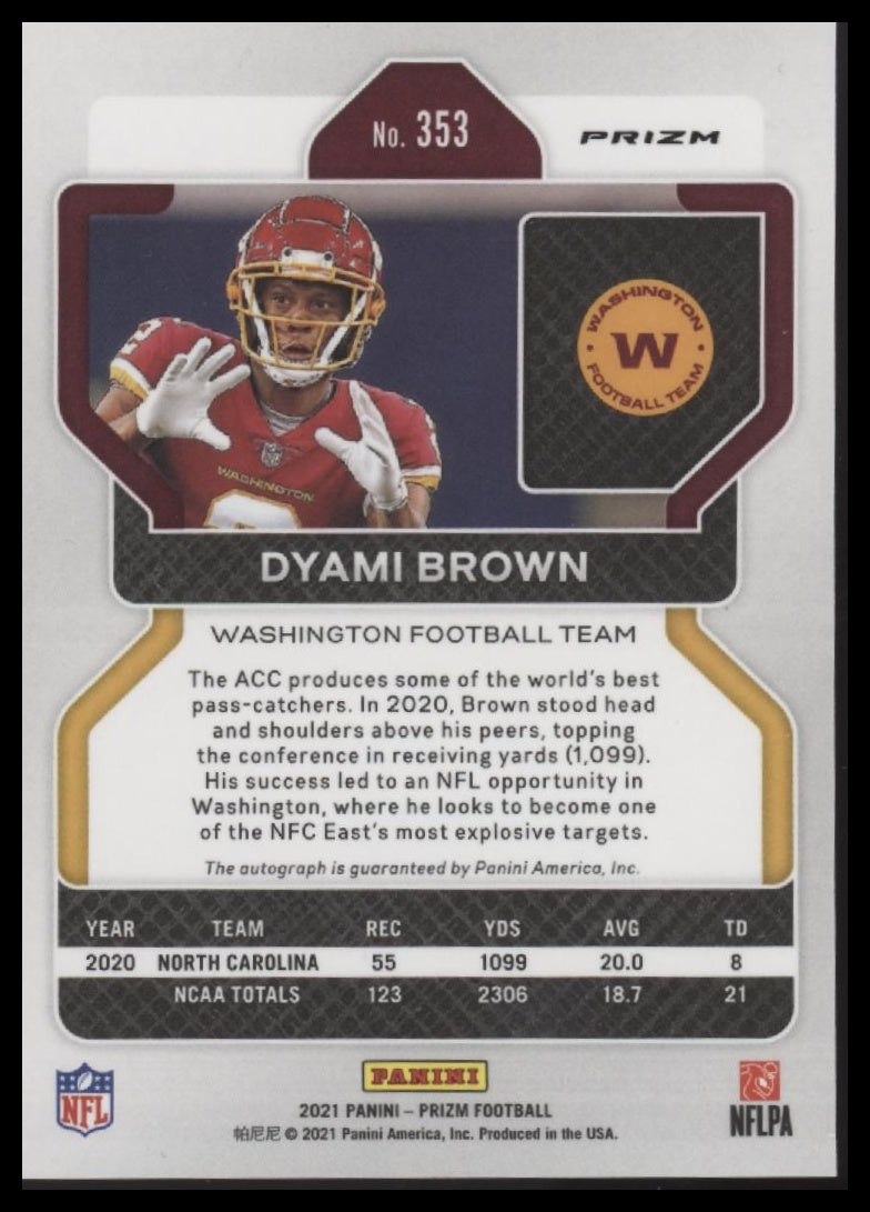 Dyami Brown 2021 Panini Prizm #353 Rookie Autographs Prizm No Huddle - Back