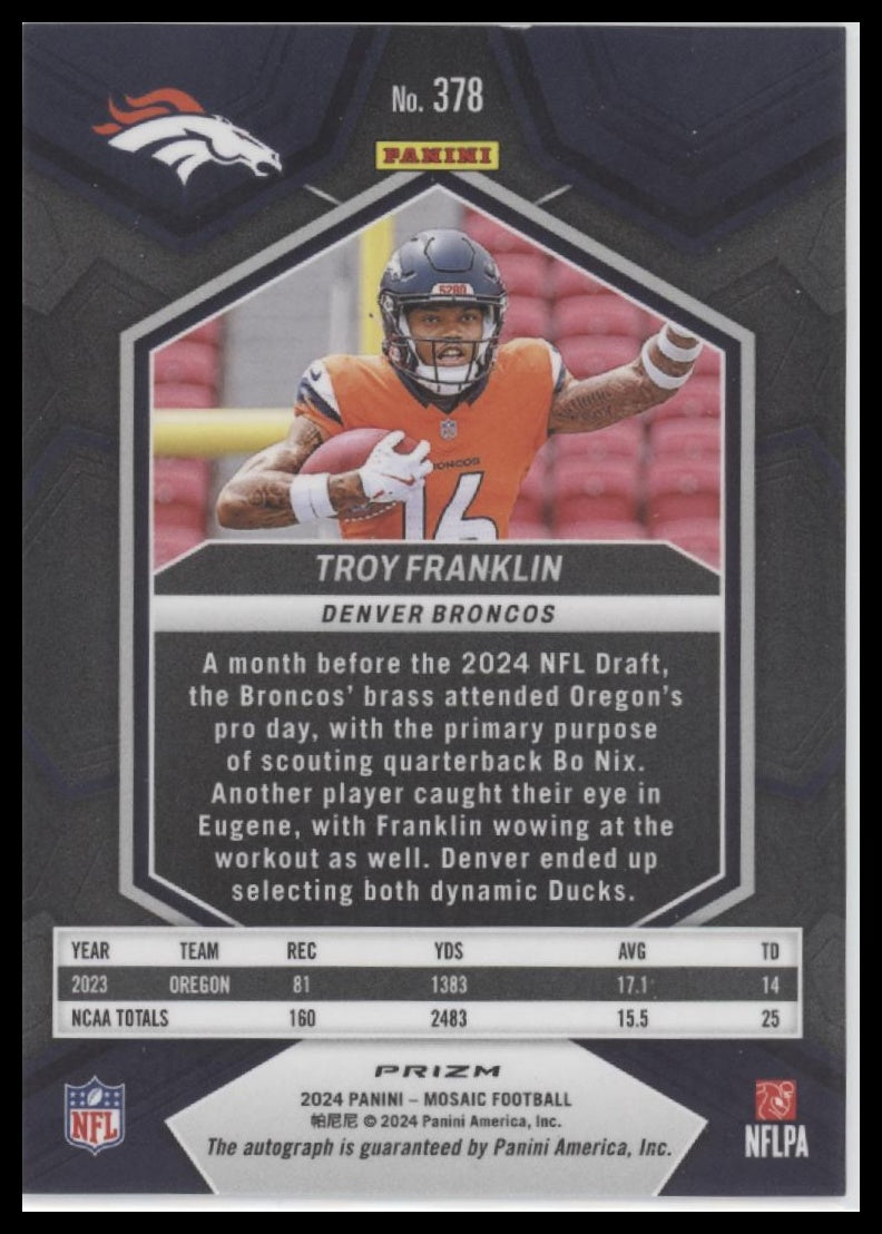 Troy Franklin 2024 Panini Mosaic #378 White Sparkle - Back