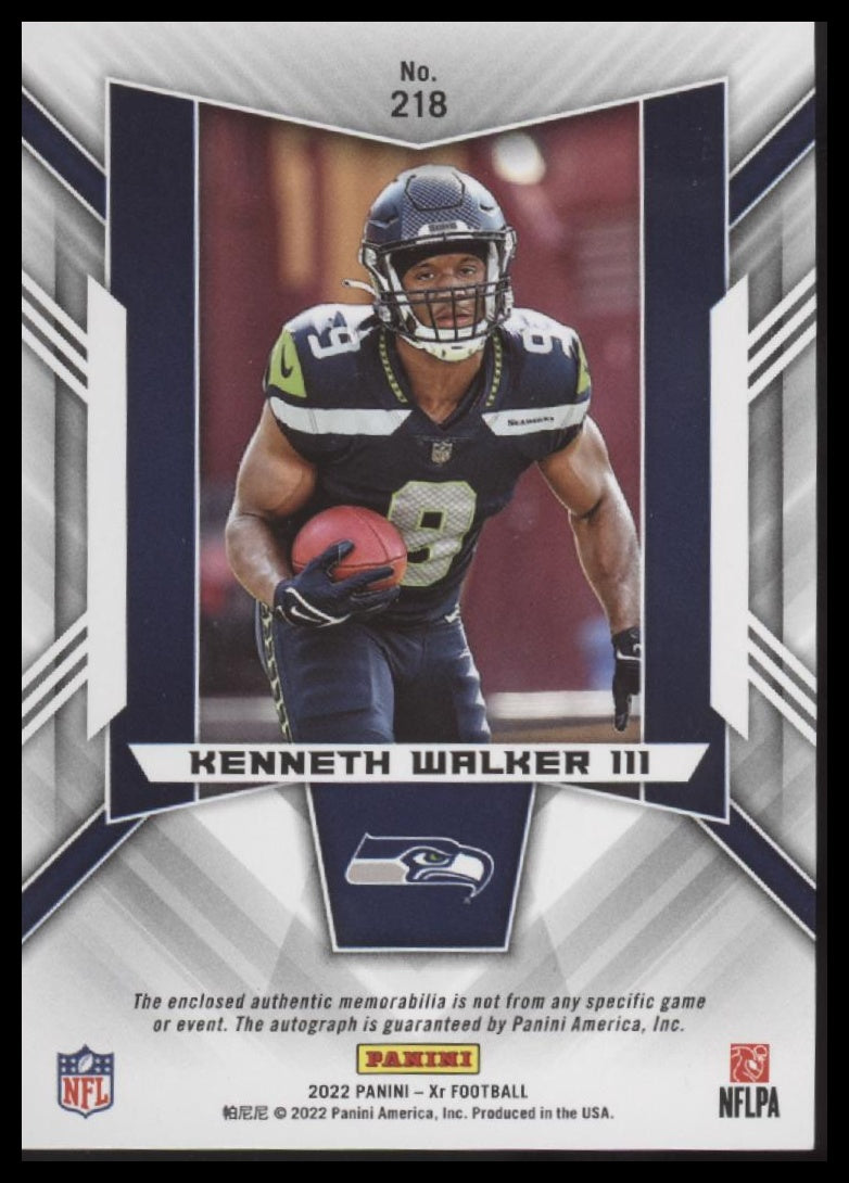 Kenneth Walker III 2022 Panini XR #218 Rookie Premiere Materials Autos #/75 - Back