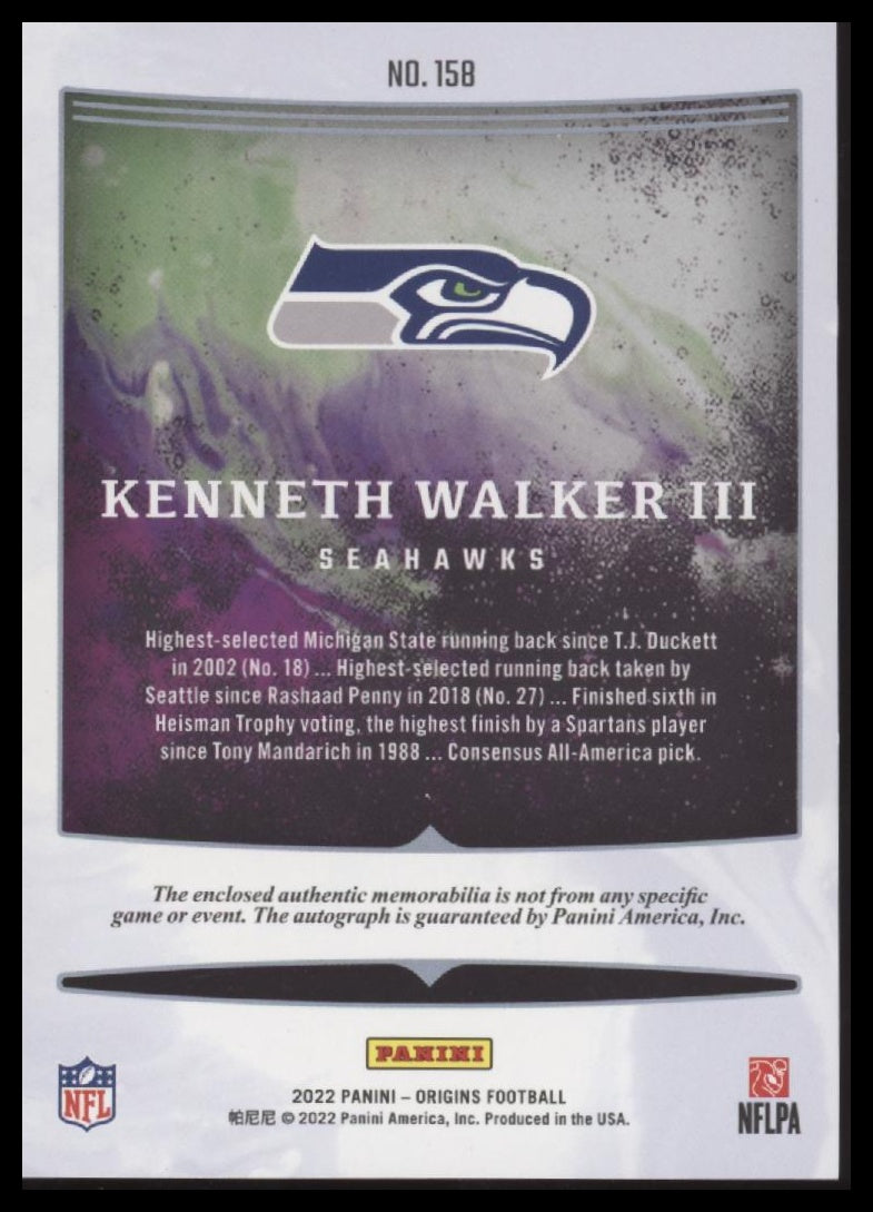 Kenneth Walker III 2022 Panini Origins #RAU-KWA Rookie Autographs - Back