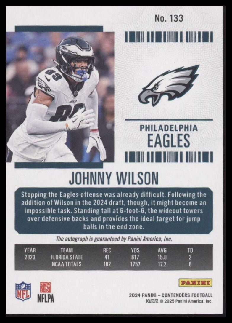 Johnny Wilson 2024 Panini Contenders Rookie Ticket Green - Back