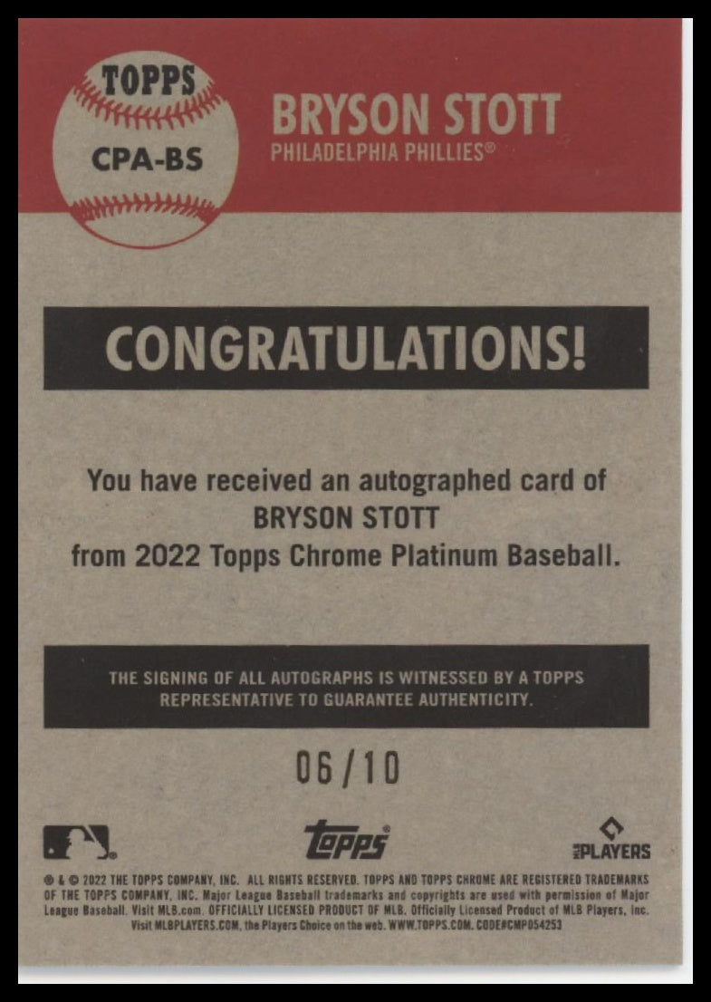 Bryson Stott 2022 Topps Chrome Platinum Anniversary Auto Black Refractor #/10 - Back