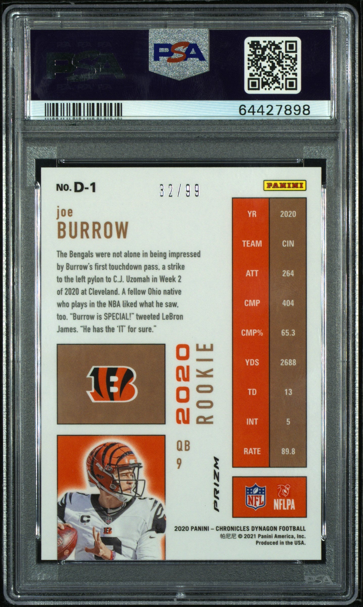 Joe Burrow 2020 Panini Chronicles Dynagon Rookies #D1 Dynagon Rookies-Red PSA 9 - Back
