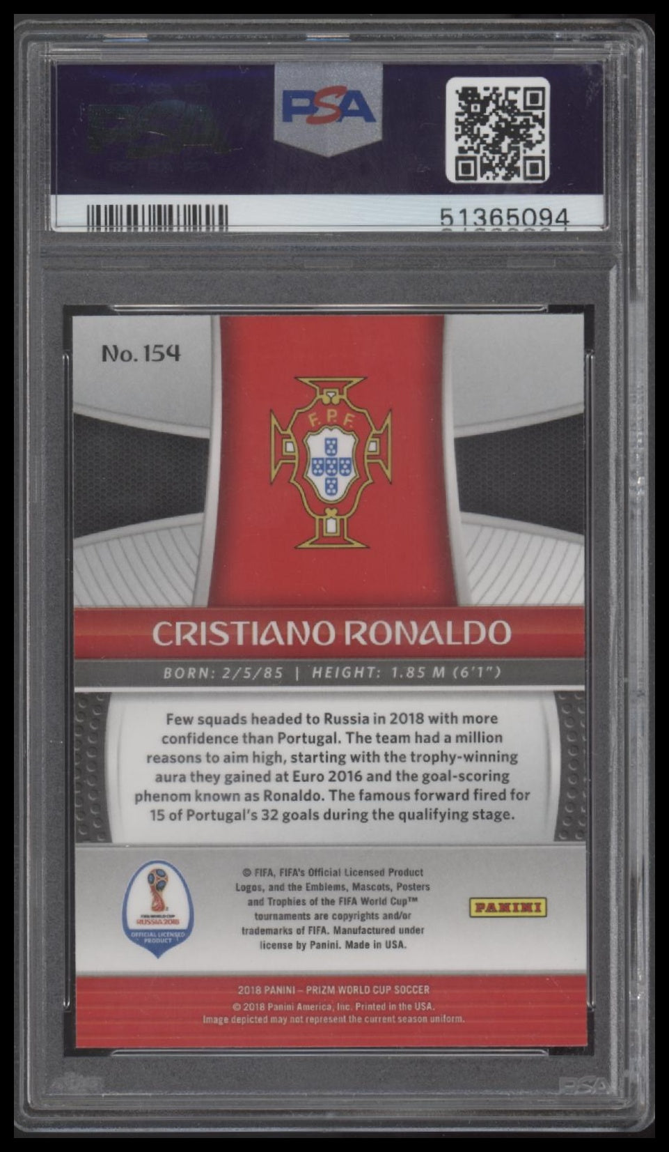 Cristiano Ronaldo 2018 Panini Prizm World Cup #154 PSA 9 - Back