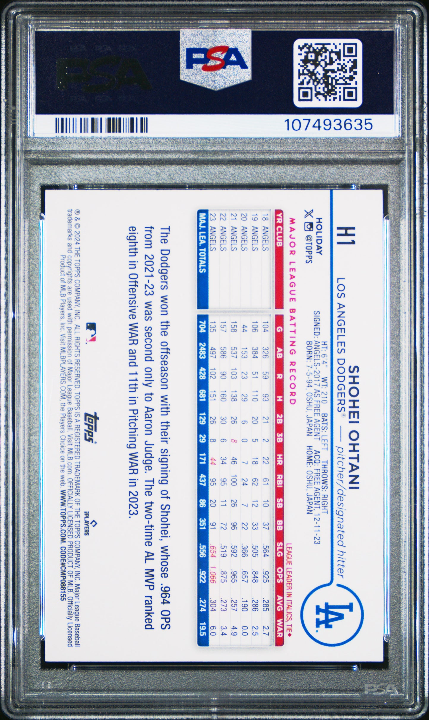 Shohei Ohtani 2024 Topps Holiday #H1 Variation PSA 10 - Back