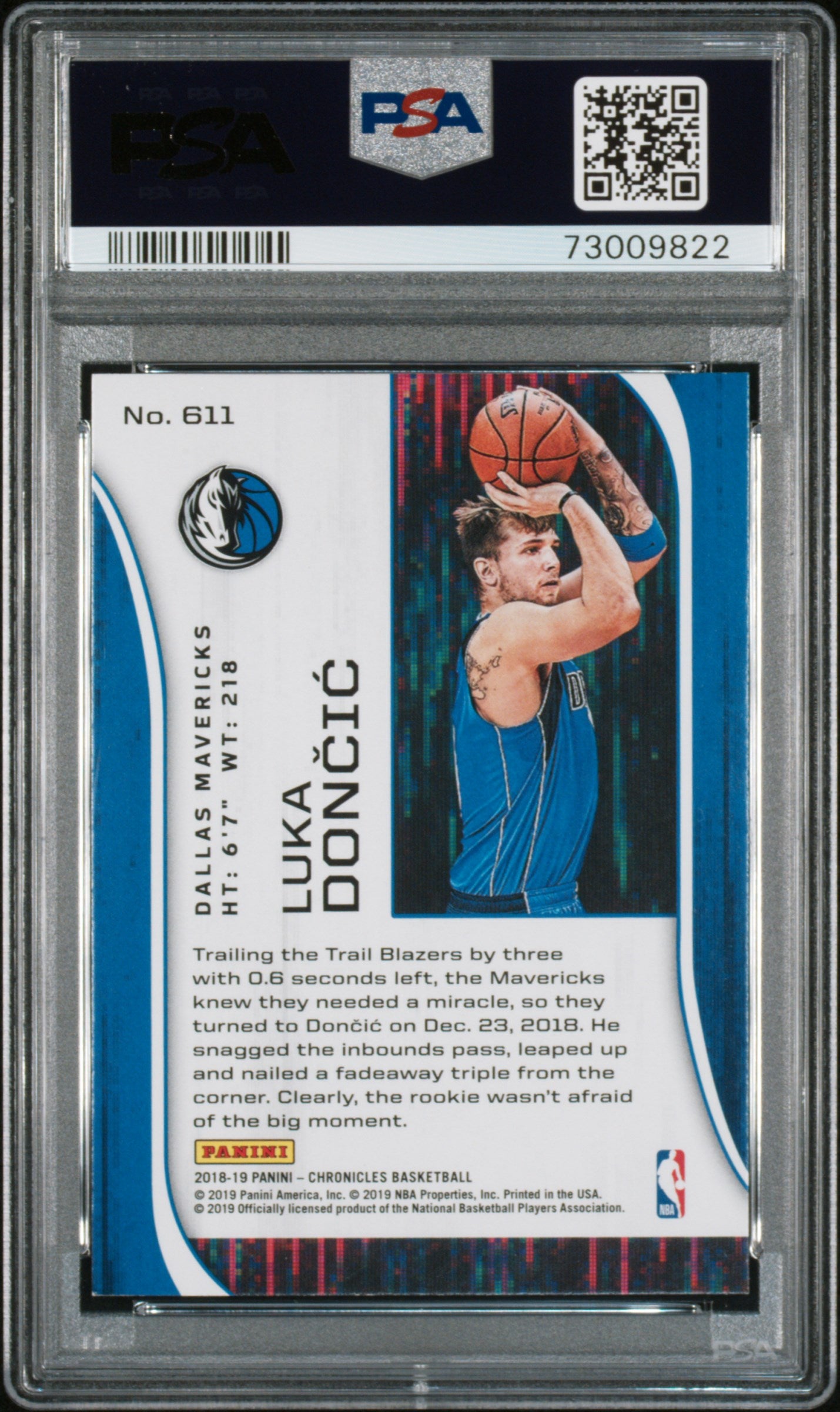 Luka Doncic 2018 Panini Chronicles #611 PSA 9 - Back
