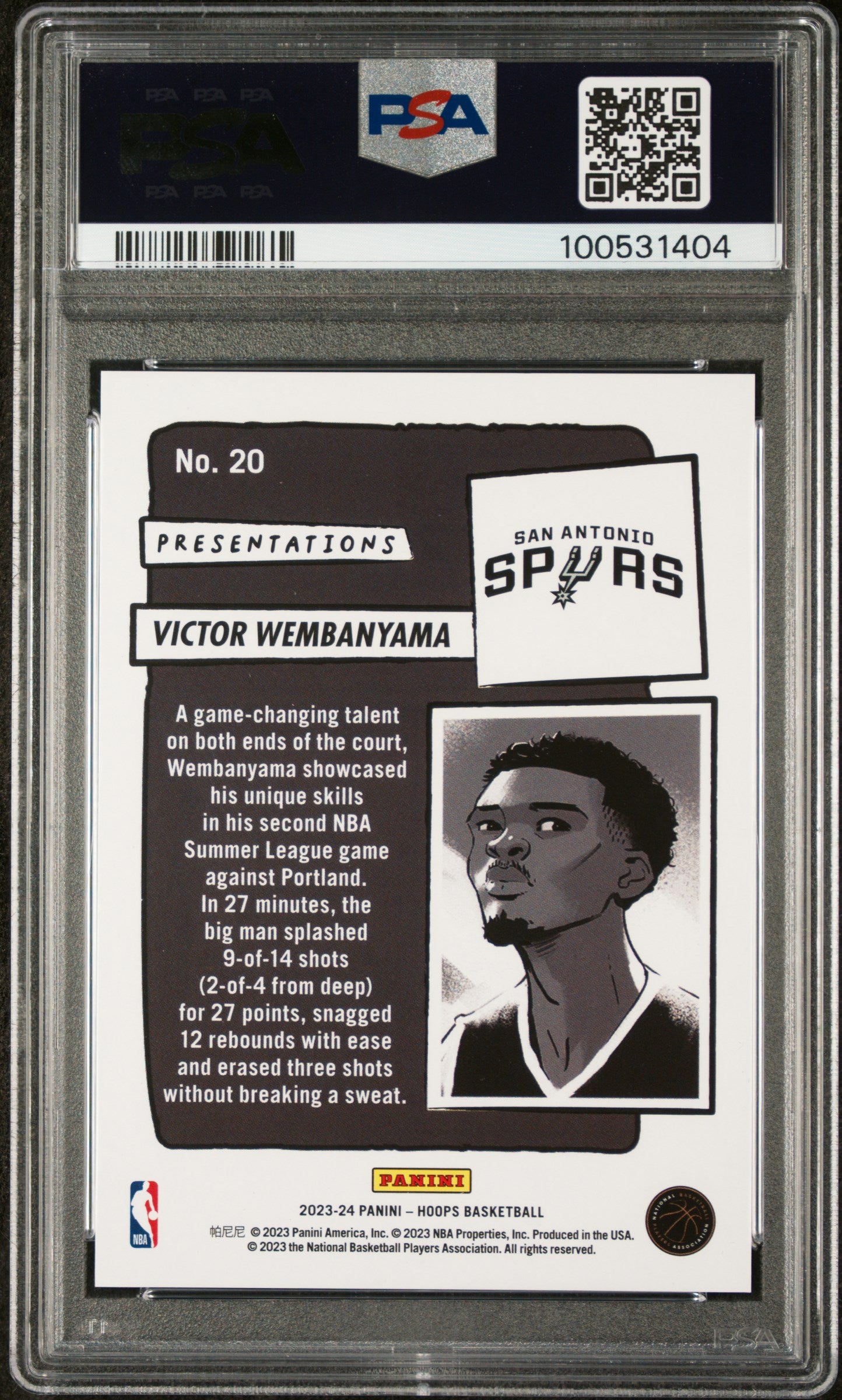 Victor Wembanyama 2023 Panini NBA Hoops Presentations #20 PSA 10 - Back