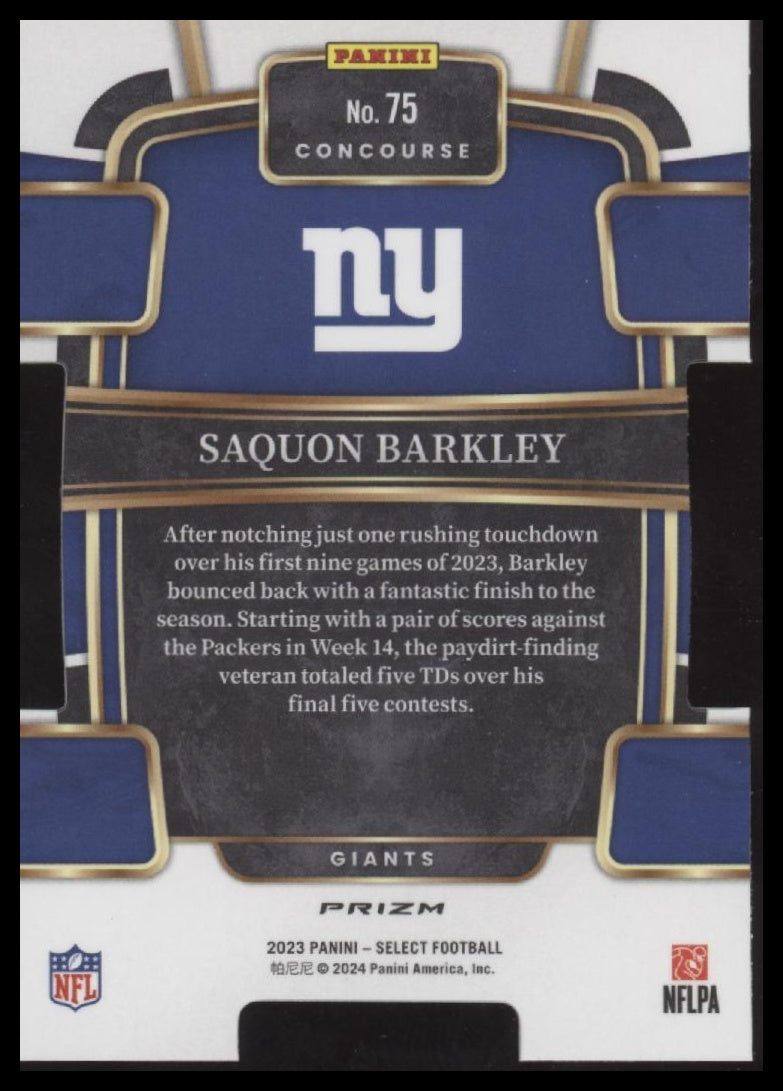 Saquon Barkley 2023 Panini Select #75 Zebra Prizms Die Cuts - Back
