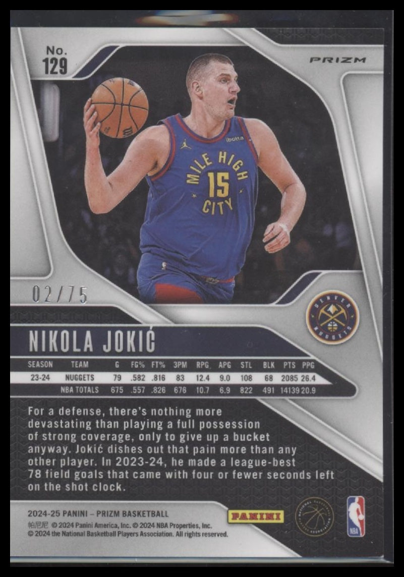 Nikola Jokic 2024-25 Panini Prizm #129 Prizms Fast Break Purple #/75 - Back