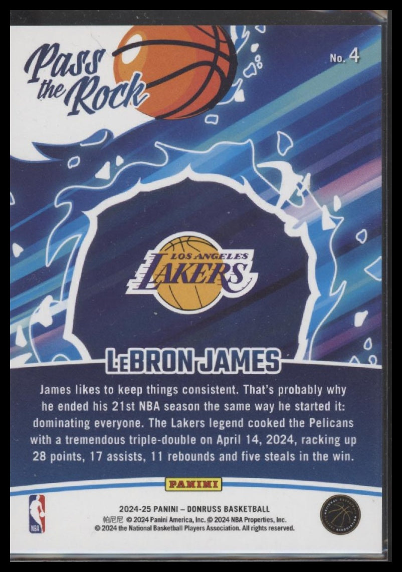 LeBron James 2024-25 Donruss #4 Pass the Rock Holo Purple Laser #/99 - Back