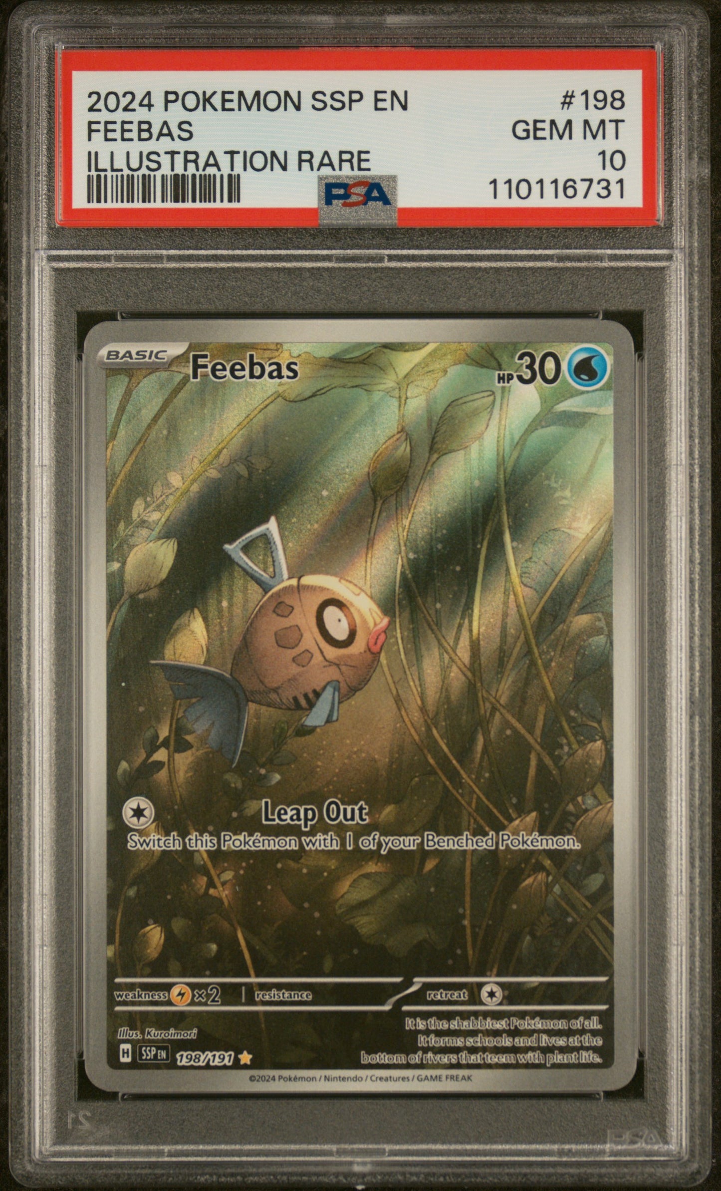 Feebas 2024 Pokemon Ssp En-Surging Sparks #198 Illustration Rare PSA 10 - Front