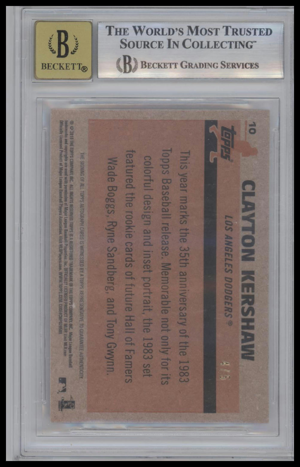 Clayton Kershaw 2018 Topps '83 Chrome Autographs Red Refractors #10 BGS 8.5 /5 - Back