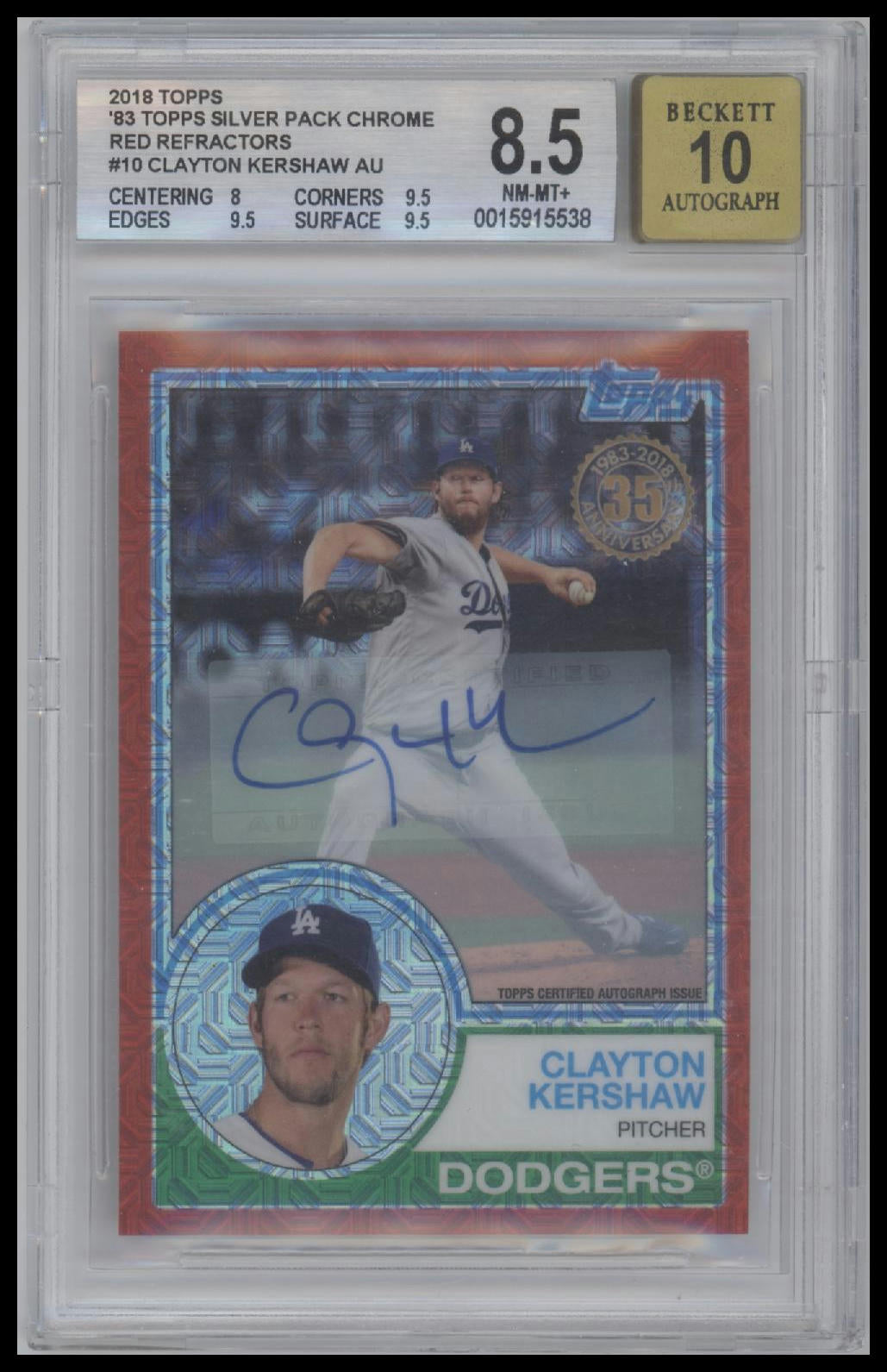 Clayton Kershaw 2018 Topps '83 Chrome Autographs Red Refractors #10 BGS 8.5 /5 - Front