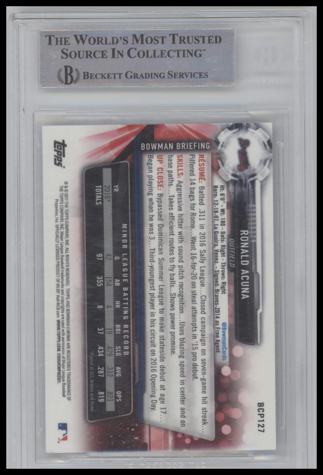 Ronald Acuna 2017 Bowman Chrome Prospects #BCP127 BGS Authentic - Back