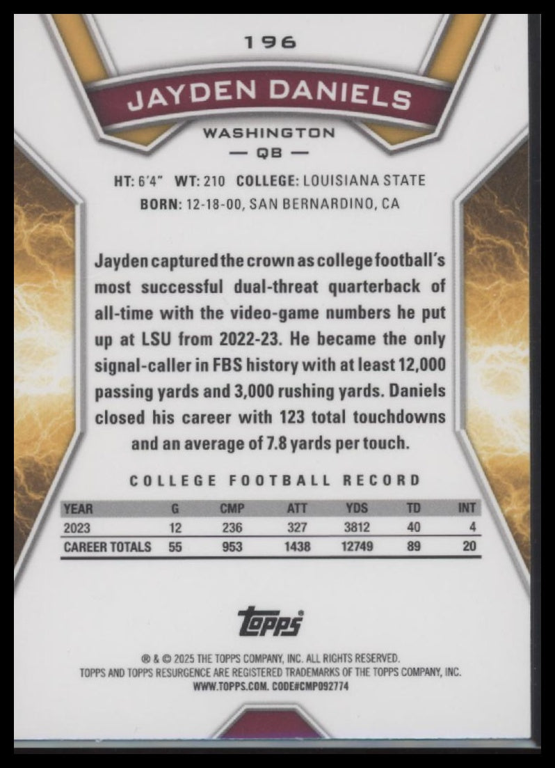 Jayden Daniels 2024 Topps Resurgence #196 Blue Surge #/99 - Back