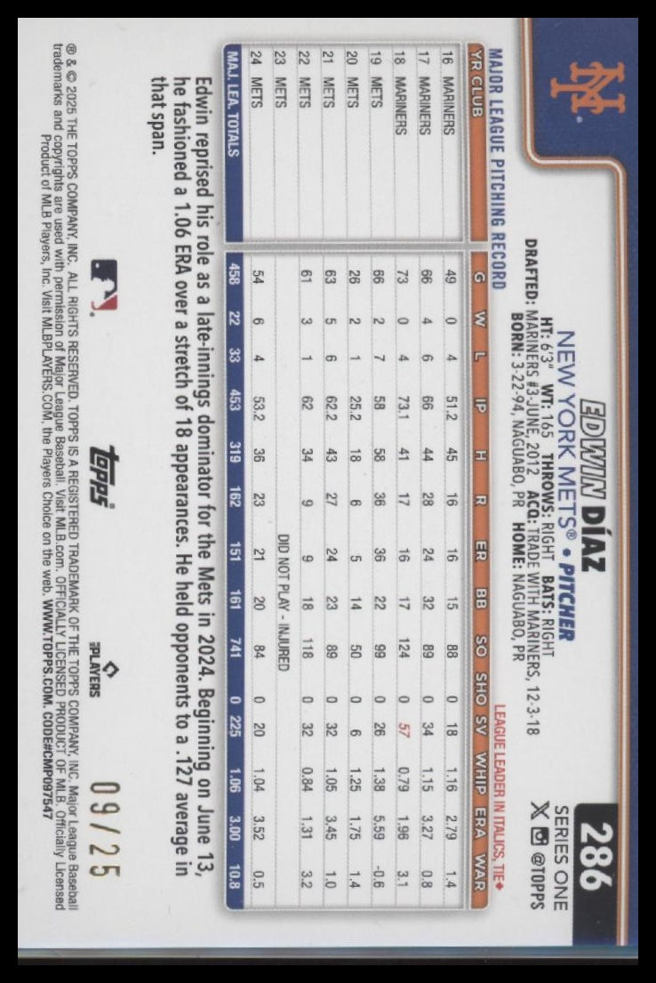 Edwin Díaz 2025 Topps #286 Orange Holo Foil #/25 - Back