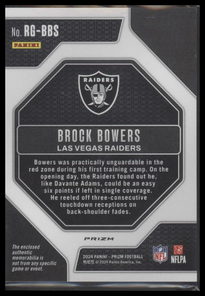 Brock Bowers 2024 Panini Prizm #RG-BBS Rookie Gear Neon Green Pulsar - Back