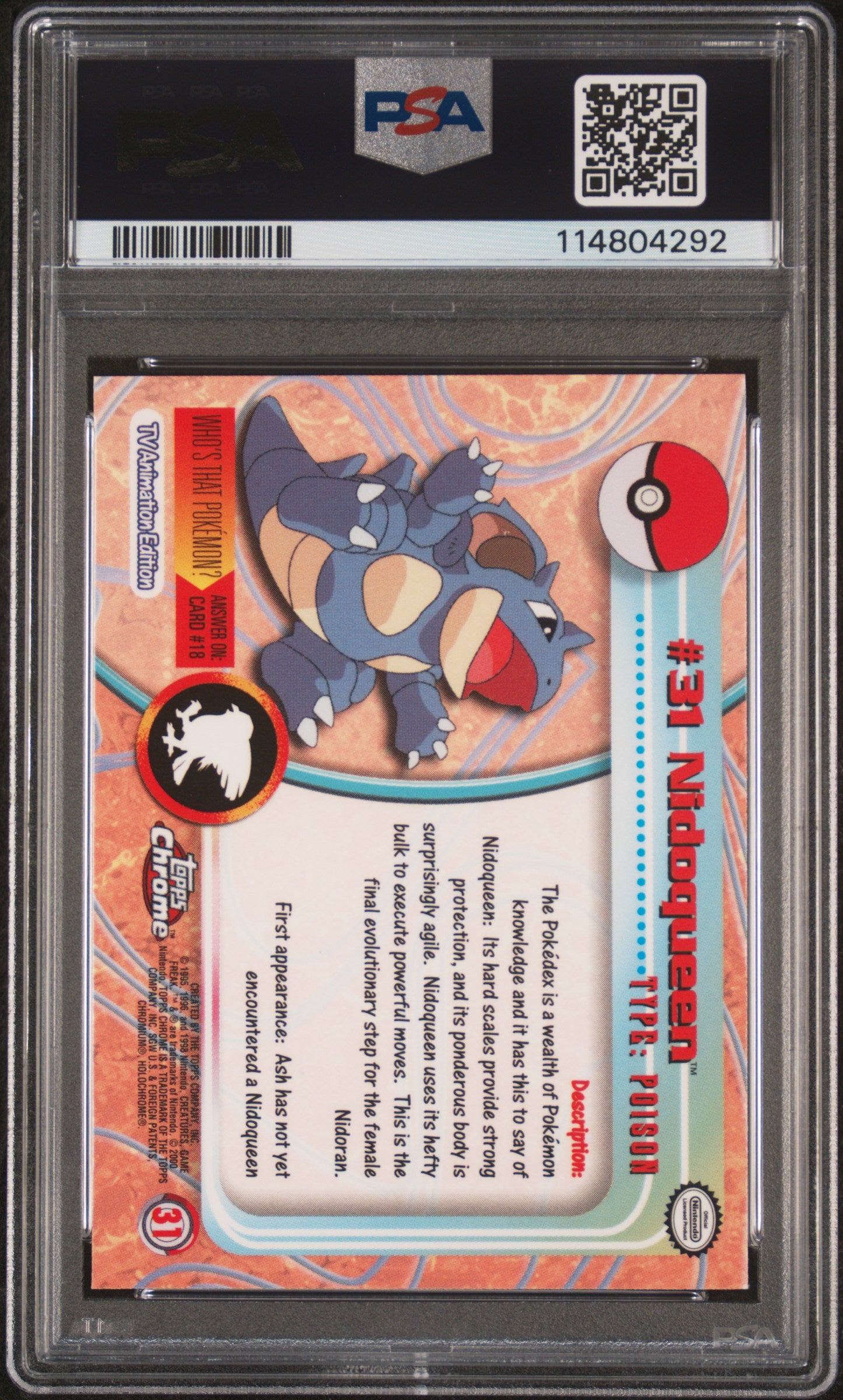 Nidoqueen 2000 Topps Chrome Pokemon T.V. #31 Pokemon T.V. PSA 9 - Back