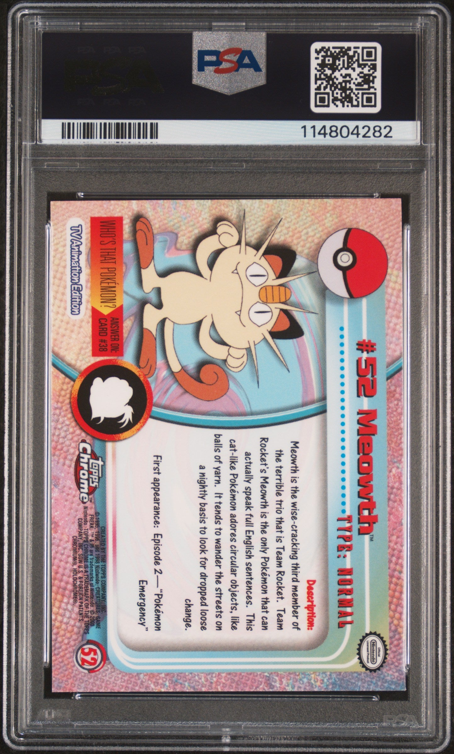 Meowth 2000 Topps Chrome Pokemon T.V. #52 Pokemon T.V. PSA 9 - Back